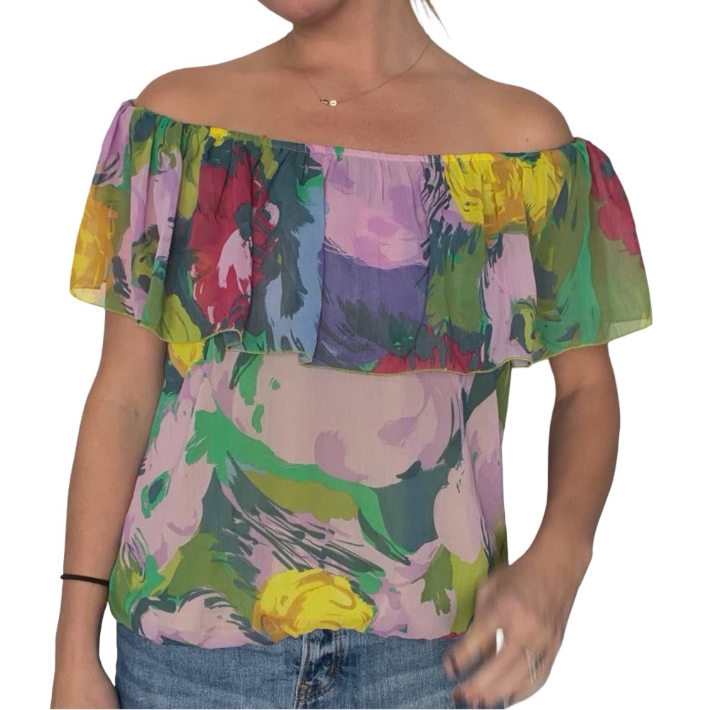Y2K Spense floral flowy off‎ the shoulder multi color blouse. Size M